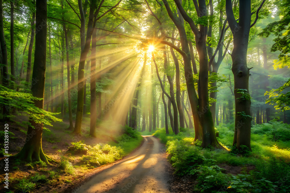 Fototapeta premium dense forest sunrays shining through trees