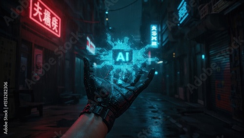 Hand Holding Ai Chip in Cyberpunk City