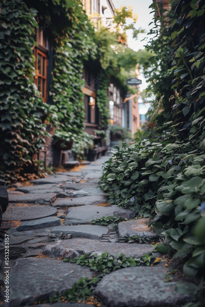 Fototapeta premium A serene and enchanting alleyway with a stone-paved path is flanked by buildings cloaked in lush ivy. The scene exudes tranquility, inviting viewers to imagine a peaceful escape.
