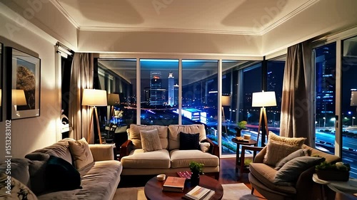 a cozy living room at night, warmly lit with soft lamps and ambient lighting