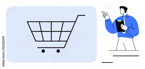 Shopping cart on screen with manager holding clipboard and gesturing explanation. Ideal for retail, e-commerce, marketing, strategy, business planning, presentations, consumer insights, flat simple