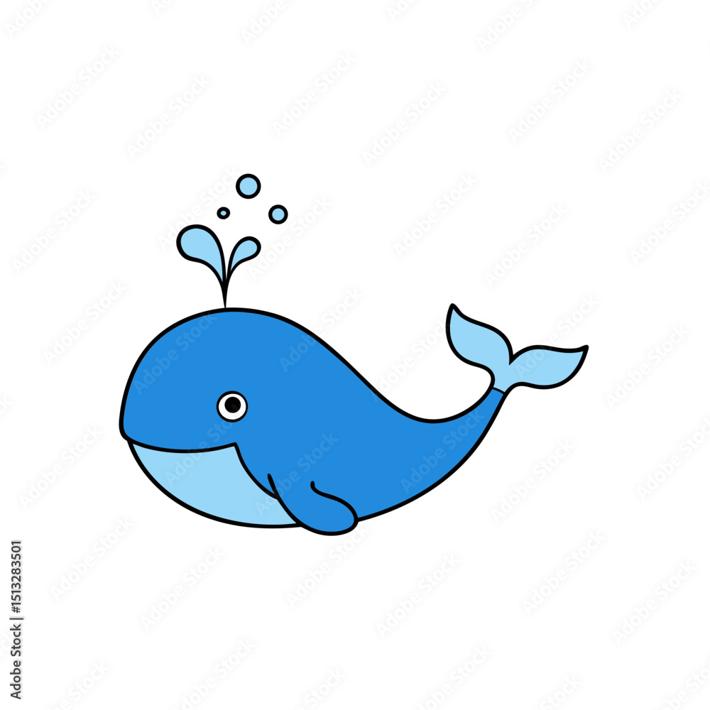 Obraz premium Blue Whale Blowing Water Spout with Smiling Face Flat vector illustration isolated on white background