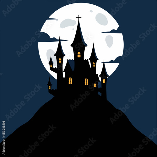 Spooky Halloween castle silhouette on hill against full moon. Halloween castle illustration features dark gothic architecture and glowing windows. Perfect Halloween concept for spooky invitations, pos