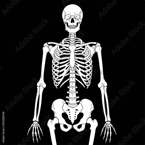 Human skeleton anatomy illustration. Detailed human skeleton image showing rib cage, spine, and pelvis bones. This detailed human skeleton graphic is perfect for medical textbooks, educational posters