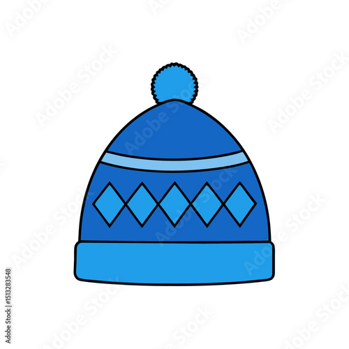 Blue Winter Hat with Pom Pom and Geometric Pattern Flat vector illustration isolated on white background