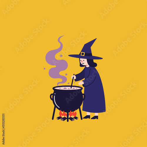 Halloween witch stirring cauldron over fire. Halloween illustration shows witch in purple robe stirring bubbling potion. Festive Halloween concept perfect for cards, invitations and party decorations