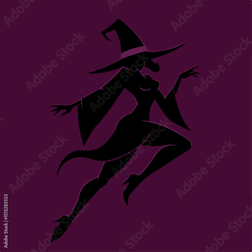 Halloween witch silhouette in dynamic pose. Halloween witch design shows mysterious woman in pointed hat and long dress. This Halloween witch illustration is perfect for party invitations and spooky s
