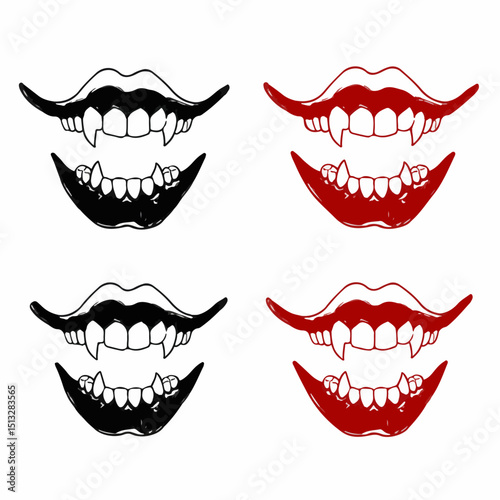 Halloween vampire fangs graphic design elements set. Spooky Halloween vampire fangs illustration includes black and red color options.  Fangs graphic for Halloween party invitation or spooky design pr