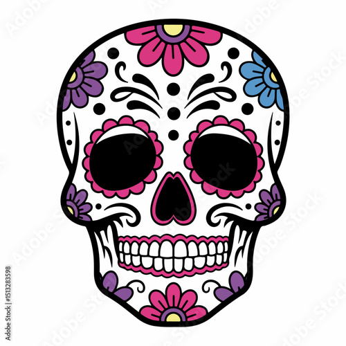 Sugar skull design with pink purple and blue flowers. Day of Dead sugar skull illustration with floral ornament. Festive sugar skull image for Dia de Muertos holiday celebration.