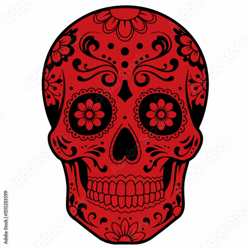 Red sugar skull design for Dia de los Muertos celebration. Sugar skull illustration features intricate floral patterns and black details. This Dia de los Muertos sugar skull image is perfect for holid