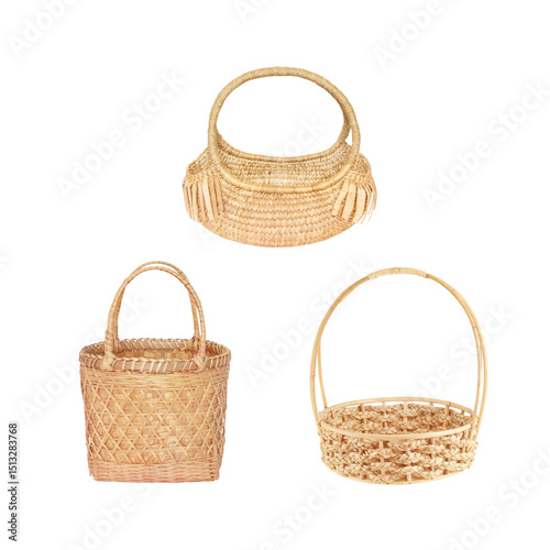 bamboo basket and dry Water hyacinth basket  Market Shopping three style isolated on white