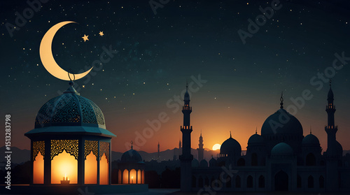 An lantern in the front with mosque and moon background Eid-ul-azha design ai_generated,generative.ai
