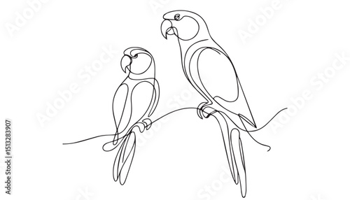 Continuous one single minimal line drawing Parrots birds