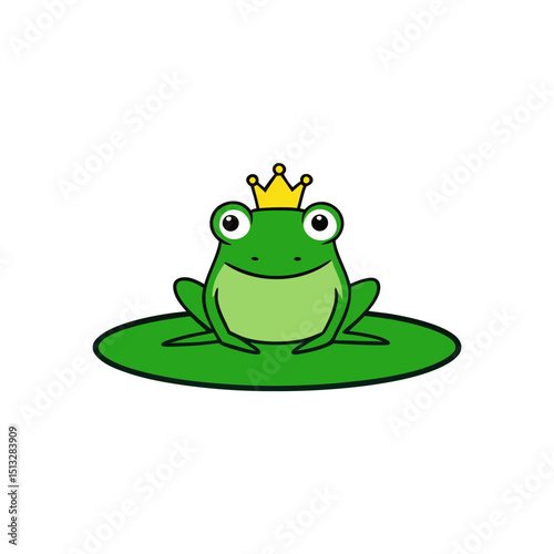 Green Frog Sitting on Lily Pad with Tiny Crown Flat vector illustration isolated on white background