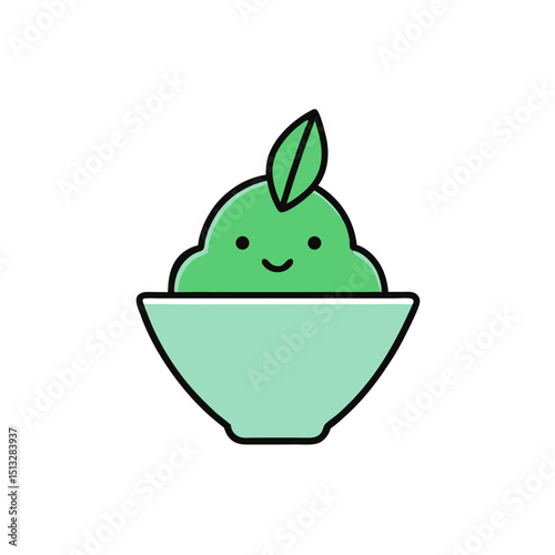 Green Ice Cream Scoop in Bowl with Mint Leaves Flat vector illustration isolated on white background
