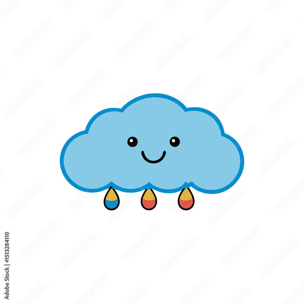 Fototapeta premium Light Blue Cloud with Rainbow Colored Raindrops Flat vector illustration isolated on white background