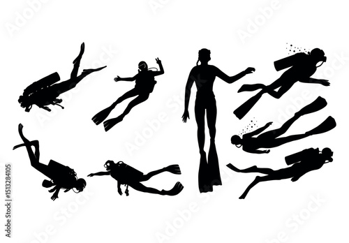 Black silhouette of scuba diving and free divers on a white background