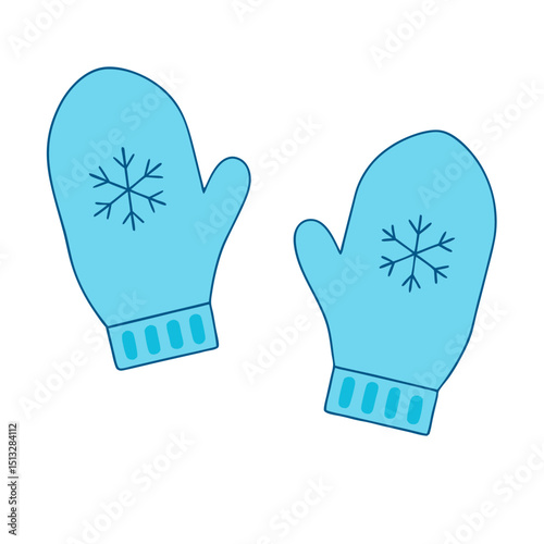 Light Blue Mittens with Snowflake Patterns and Cuffs Flat vector illustration isolated on white background