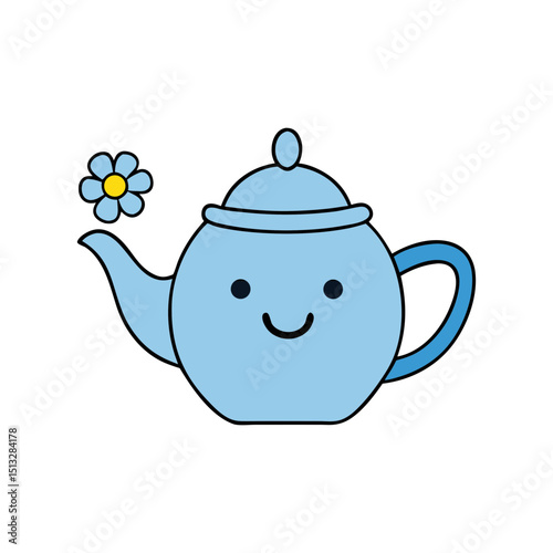 Light Blue Teapot with Smiling Face and Floral Pattern Flat vector illustration isolated on white background