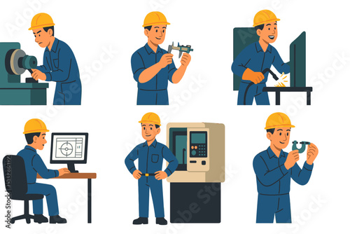 Flat vector illustration of mechanical engineer in six emotional work scenes: operating CNC, using lathe, welding, reviewing CAD, calibrating calipers, measuring with micrometers