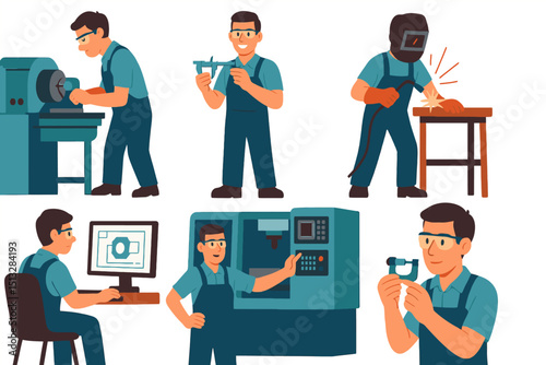 Mechanical Engineer in Action: Flat Vector Scenes of Precision, Welding, CNC Operation, and CAD Design in Six Emotional Work Moments