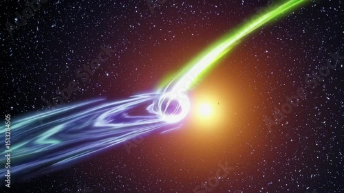Binary collapse stream with spiral ejecta and dual star collision forming luminous gravitational arc

 photo