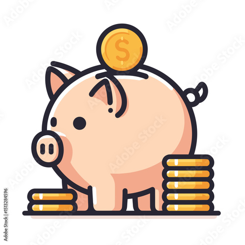 Piggy bank illustration with a cheerful expression and gold coins on a white background