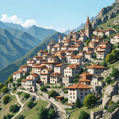 Flat vector of Andorra’s alpine villages with stone houses and terraced roofs.