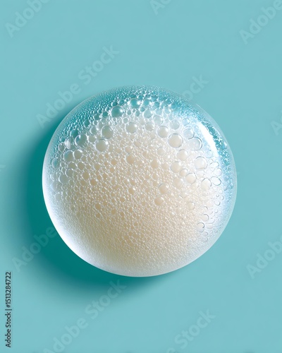 Micro-Exfoliating Scrub A close-up of a refreshing bubble on a pastel background, capturing the essence of effervescence and liquid delicacy.