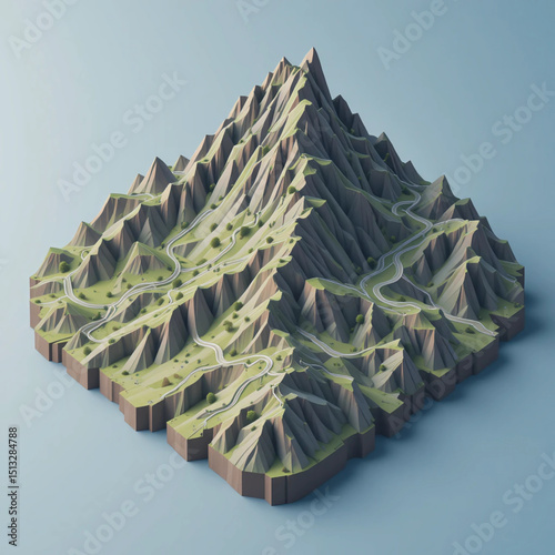 Isometric vector of Andorra’s mountainous terrain and winding roads.