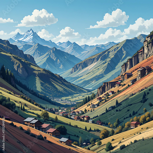Stylized valley scene in Andorra with layered elevations.