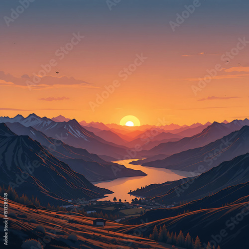 
Sunset gradient vector of Andorra’s mountains with reflective lakes.