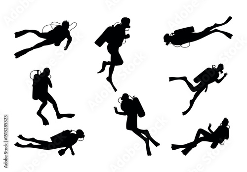 Black silhouette of scuba diving and free divers on a white background