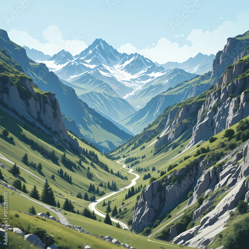 
Vector rendering of mountain pass through Andorra’s ridges.