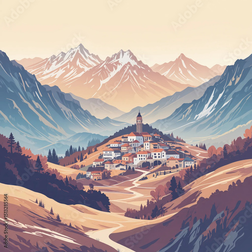 Pastel tone vector of Andorra with simplified landscape layers.