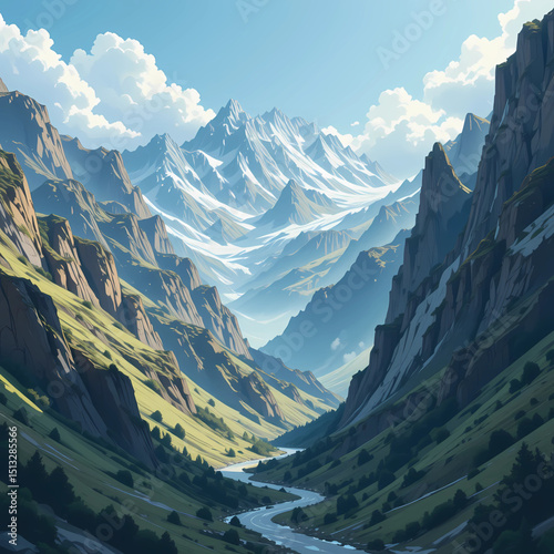 
Vector rendering of mountain pass through Andorra’s ridges.