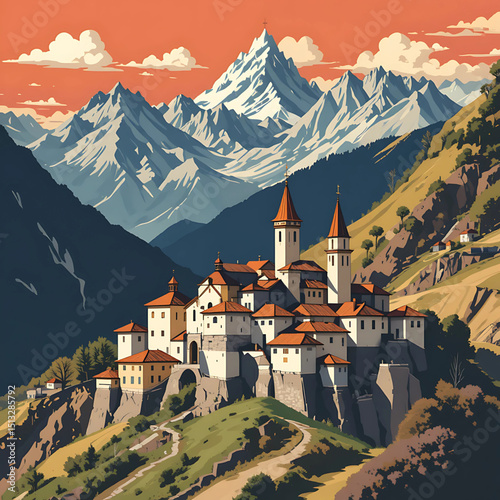 
Stylized vector of hilltop churches and mountains in Andorra.