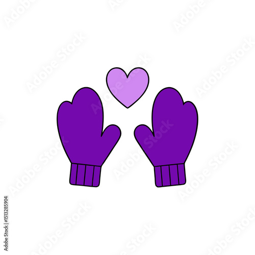 Purple Mittens Holding Hands with Hearts Above Flat vector illustration isolated on white background