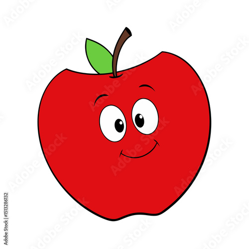Red Apple with a Bite and Cheerful Eyes Flat vector illustration isolated on white background