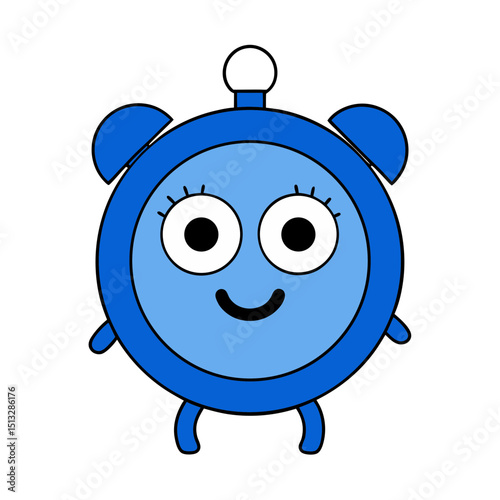 Blue Alarm Clock with Winking Face and Bells Flat vector illustration isolated on white background