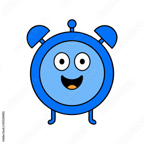 Cheerful Blue Alarm Clock with Ringing Bells Flat vector illustration isolated on white background