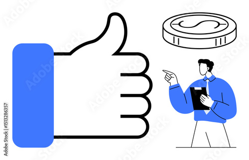 Large thumbs-up sign beside a professional holding documents and pointing toward a coin, symbolizing support, achievement, financial success, teamwork, leadership, business growth. Ideal