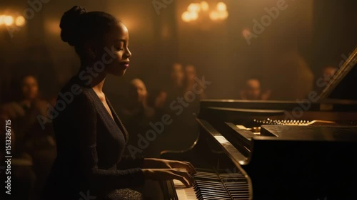 A young African woman plays a grand piano in a dimly lit room. The audience watches attentively, creating an intimate atmosphere for the performance.