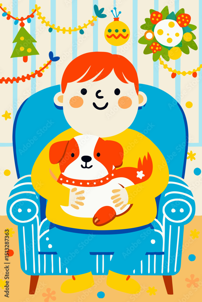 Naklejka premium Young boy sitting in a chair holding a dog with festive decorations