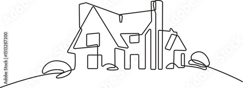Country House Continuous Line Art Drawing. Simple House Hand Drawn Vector Art, Continuous One Line Drawing. Home Outline Drawing for Minimalist Design, Vector Illustration.