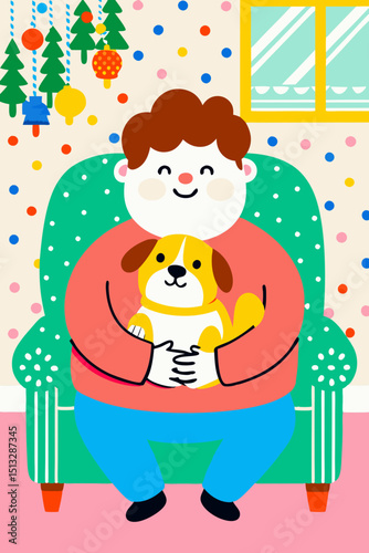 Young boy sitting on green armchair with dog in cozy living room  