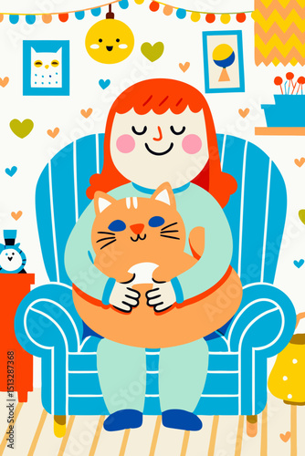 Woman sitting in a chair holding a cat at home in a cozy atmosphere  