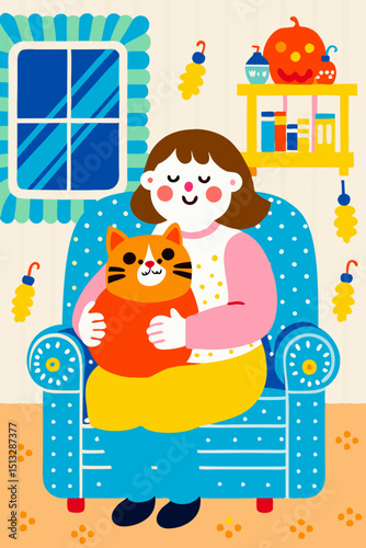 Young girl happily holding cat while sitting in cozy living room