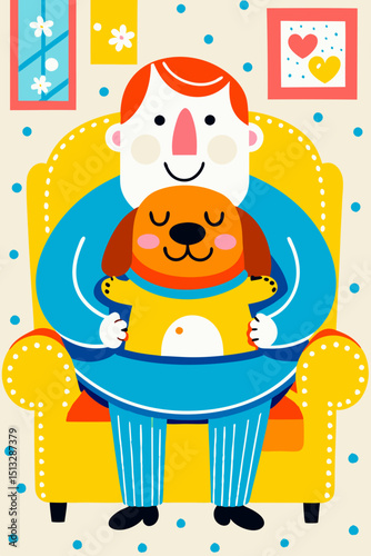 Happy man embracing dog while sitting on a cozy yellow armchair  