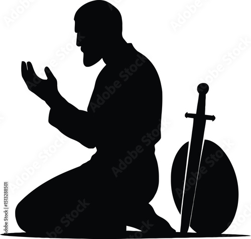 Black vector silhouette illustration of soldier praying scene in war field